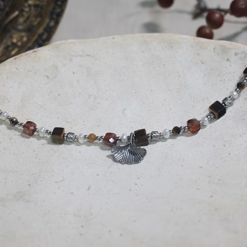 ll 秋語銀杏葉天然石手鍊 ll 虎眼石 橙石榴石 淡水珍珠 手鍊