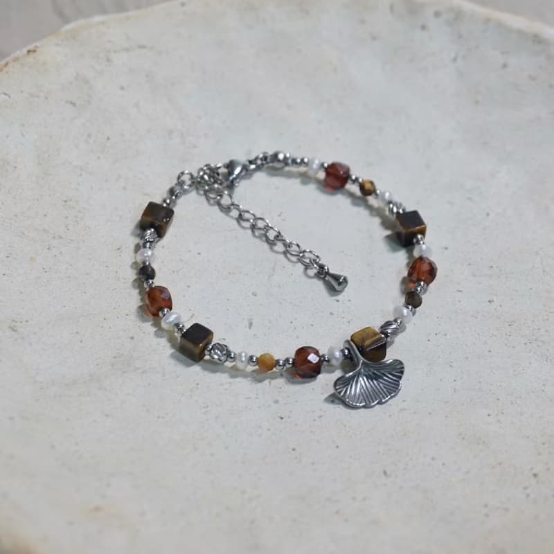 ll 秋語銀杏葉天然石手鍊 ll 虎眼石 橙石榴石 淡水珍珠 手鍊