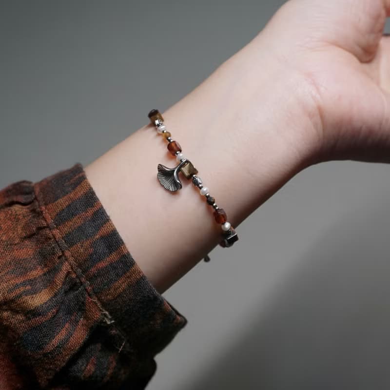 ll 秋語銀杏葉天然石手鍊 ll 虎眼石 橙石榴石 淡水珍珠 手鍊