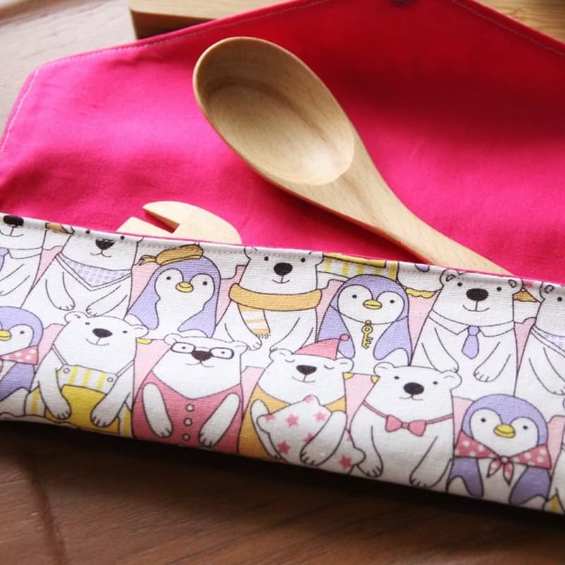 文青風環保筷袋  萌萌噠學園、收納袋 手作餐具袋 棉麻布料 野餐收納