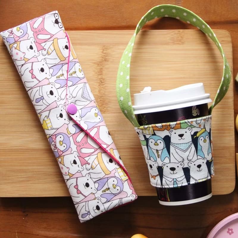 文青風環保筷袋  萌萌噠學園、收納袋 手作餐具袋 棉麻布料 野餐收納