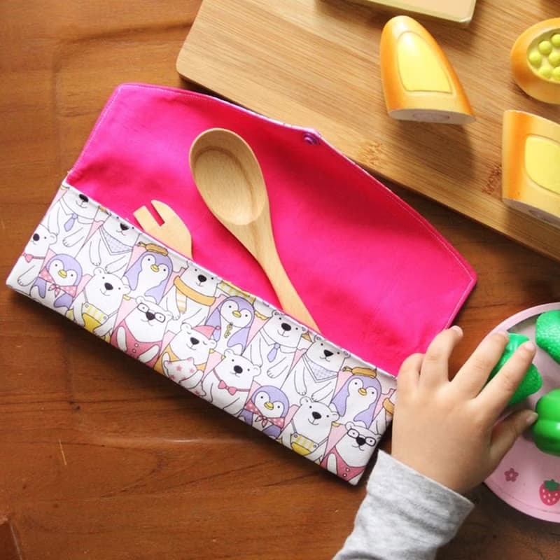 文青風環保筷袋  萌萌噠學園、收納袋 手作餐具袋 棉麻布料 野餐收納