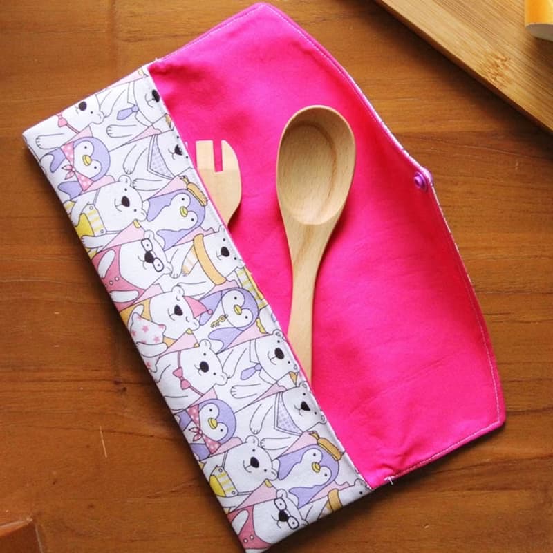 文青風環保筷袋  萌萌噠學園、收納袋 手作餐具袋 棉麻布料 野餐收納