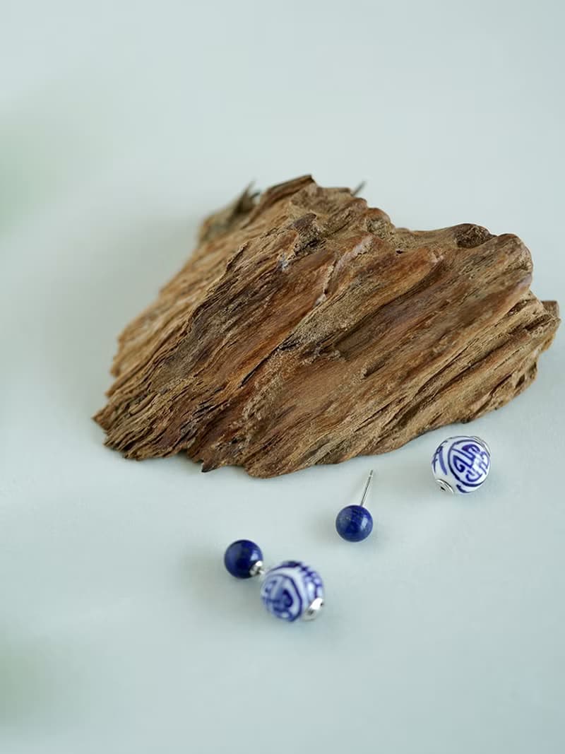 青花瓷前後耳釘 VISHI天然青金石女輕奢小眾設計高級感氣質耳飾品
