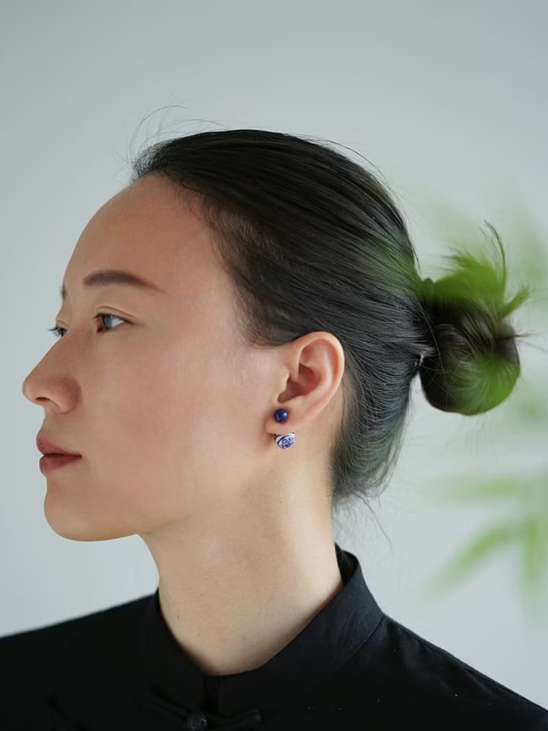 青花瓷前後耳釘 VISHI天然青金石女輕奢小眾設計高級感氣質耳飾品