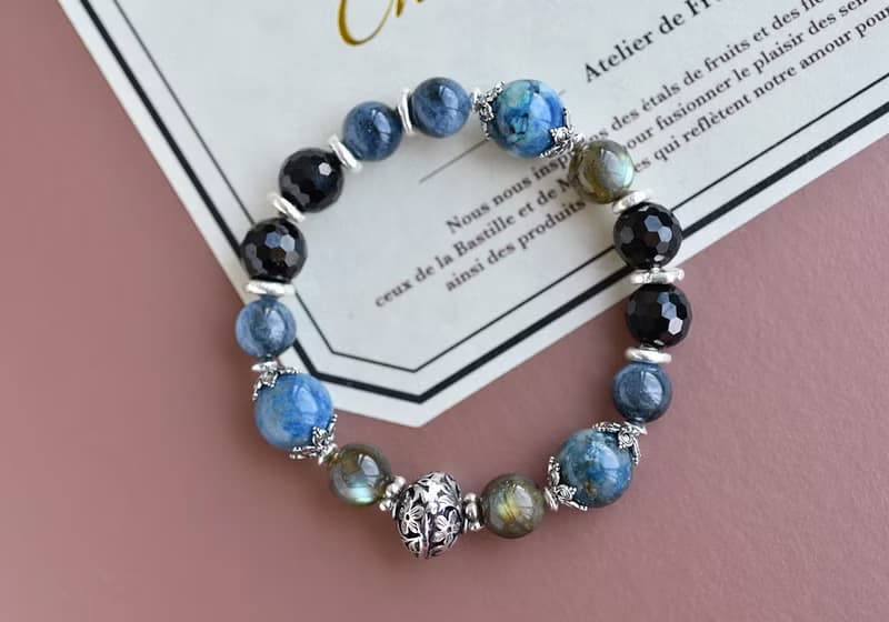 矽孔雀石+尖晶石+海藍寶+拉長石水晶純銀手鍊