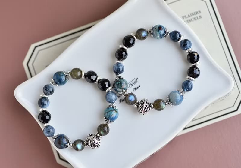 矽孔雀石+尖晶石+海藍寶+拉長石水晶純銀手鍊