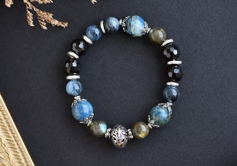 矽孔雀石+尖晶石+海藍寶+拉長石水晶純銀手鍊
