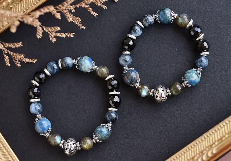 矽孔雀石+尖晶石+海藍寶+拉長石水晶純銀手鍊