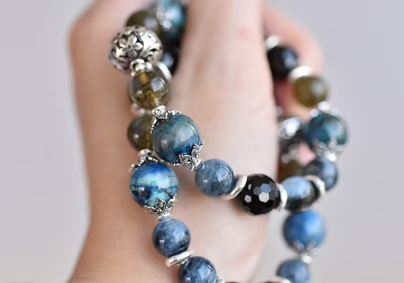 矽孔雀石+尖晶石+海藍寶+拉長石水晶純銀手鍊