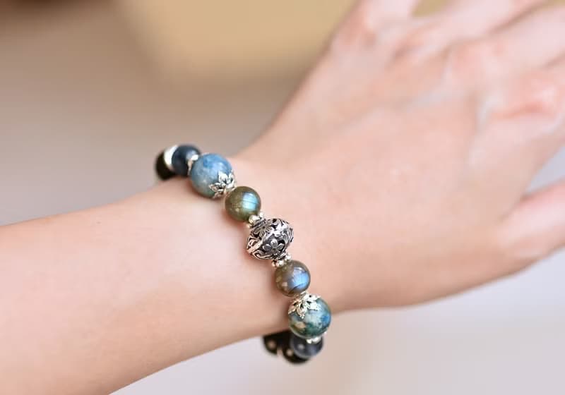 矽孔雀石+尖晶石+海藍寶+拉長石水晶純銀手鍊