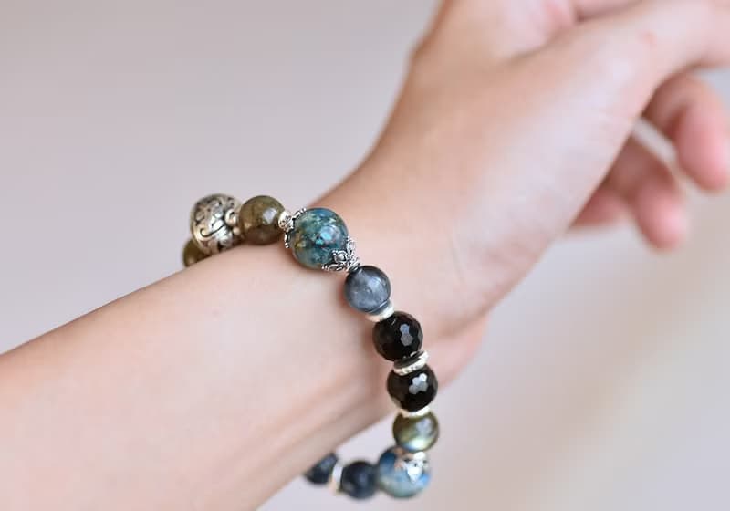 矽孔雀石+尖晶石+海藍寶+拉長石水晶純銀手鍊