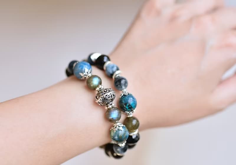 矽孔雀石+尖晶石+海藍寶+拉長石水晶純銀手鍊