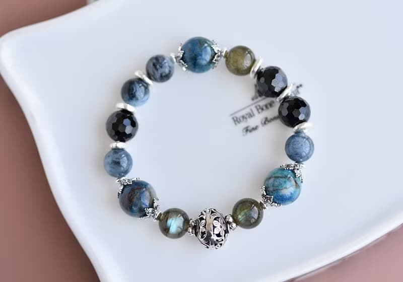 矽孔雀石+尖晶石+海藍寶+拉長石水晶純銀手鍊