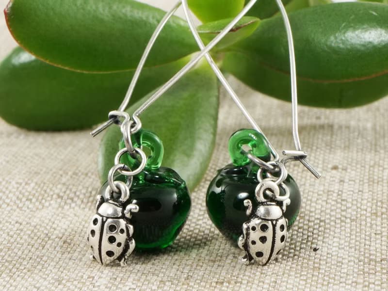 Green Apple Lampwork Glass Silver Ladybird Ladybug Dangle Drop Earrings Jewelry
