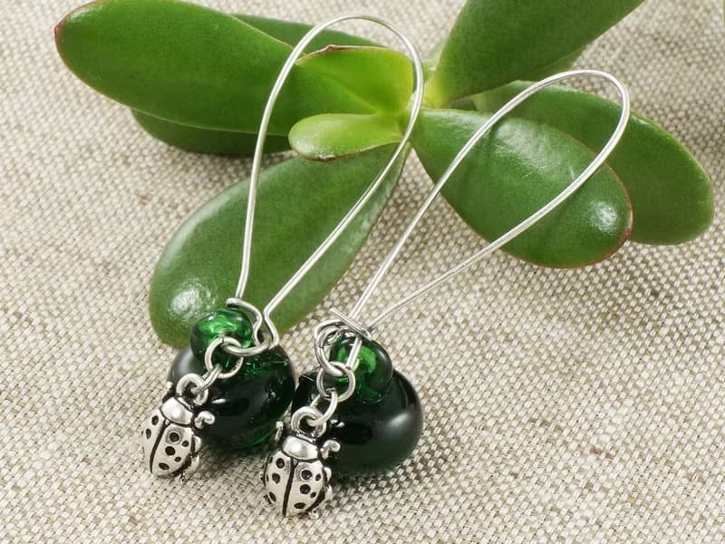 Green Apple Lampwork Glass Silver Ladybird Ladybug Dangle Drop Earrings Jewelry