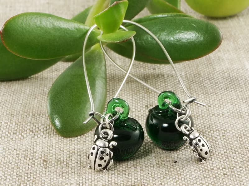 Green Apple Lampwork Glass Silver Ladybird Ladybug Dangle Drop Earrings Jewelry