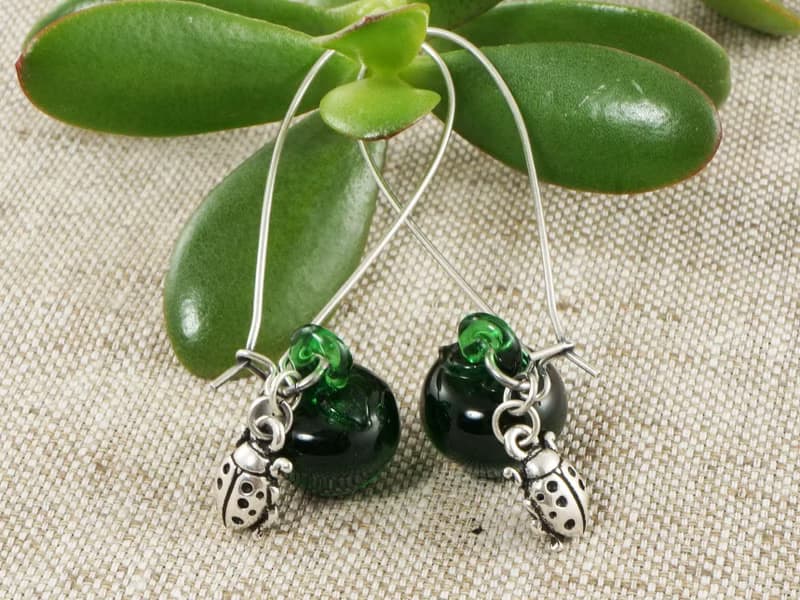 Green Apple Lampwork Glass Silver Ladybird Ladybug Dangle Drop Earrings Jewelry