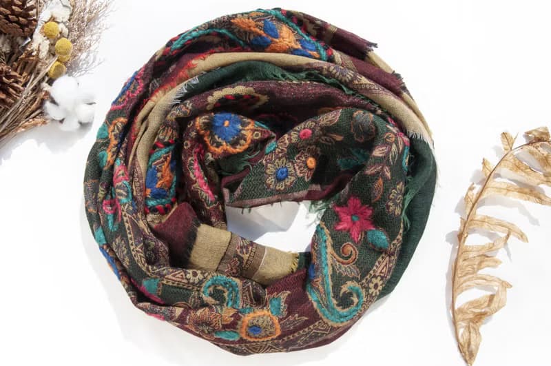 喀什米爾Cashmere/水煮羊毛披肩/針織圍巾/刺繡圍巾/羊絨披巾-花