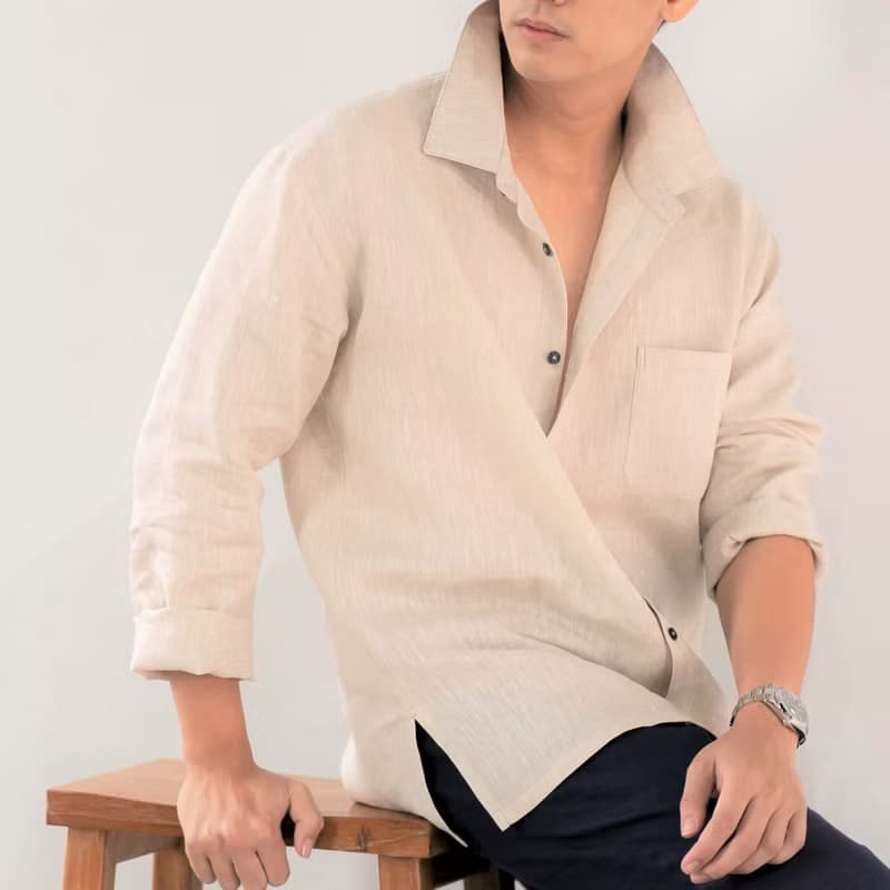 Blue & J Natural Linen Shirt Front Pocket Minimal Shirt - Natural Color