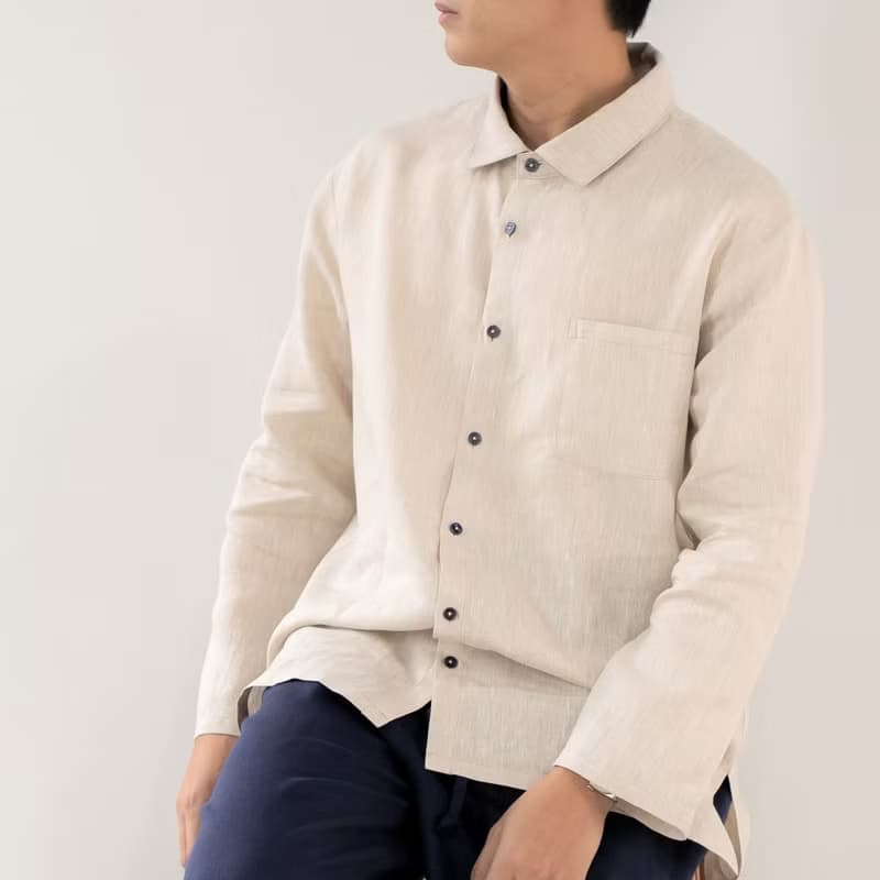 Blue & J Natural Linen Shirt Front Pocket Minimal Shirt - Natural Color