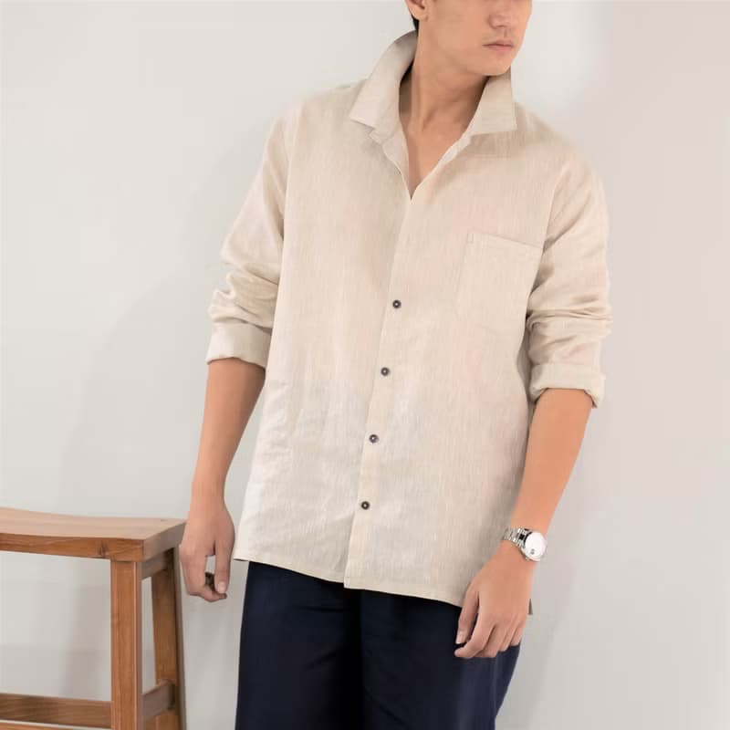 Blue & J Natural Linen Shirt Front Pocket Minimal Shirt - Natural Color