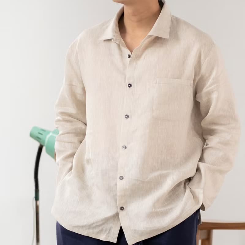 Blue & J Natural Linen Shirt Front Pocket Minimal Shirt - Natural Color