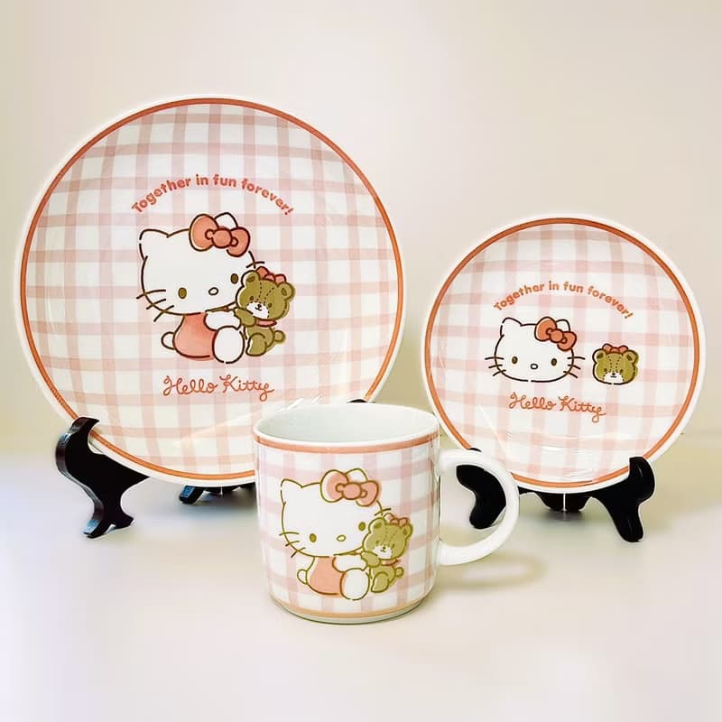 美濃燒-三麗鷗Hello Kitty聯名粉紅格紋餐具禮盒