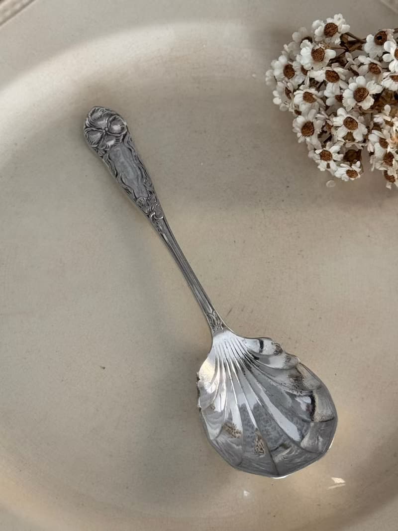 40865- 迷人古董鍍銀扇貝匙冰淇淋布丁甜點匙