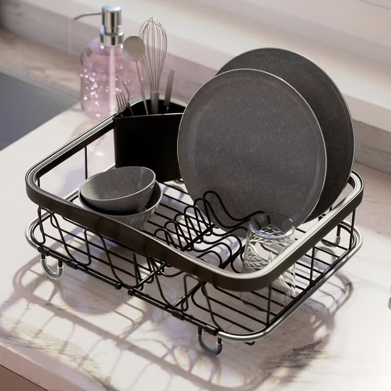 【Umbra】Sinkin伸縮餐具碗盤瀝水架(墨黑36.5cm)