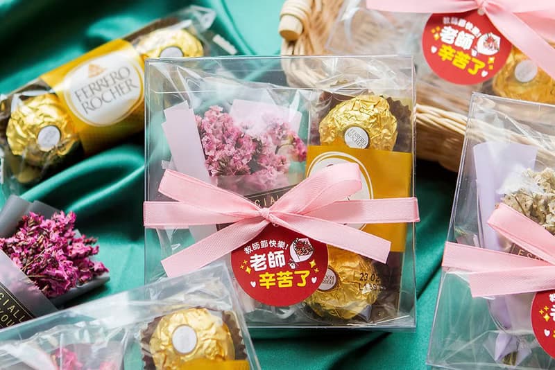 教師節禮物贈品 金莎巧克力3顆入+迷你乾燥花束(透明方盒)-4色可