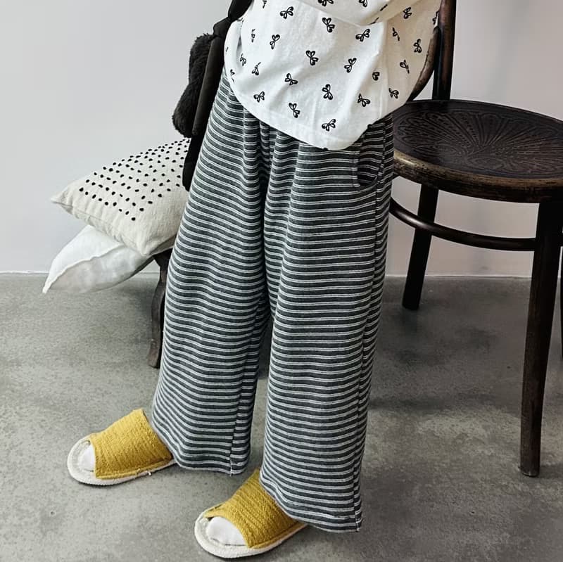 灰色條紋純棉寬鬆直筒褲 / 褲子 童裝