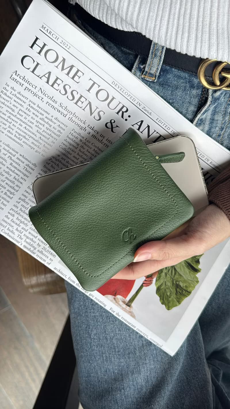 Souffle 真牛皮摺疊錢包/短夾 ;柔軟的觸感 - 綠色