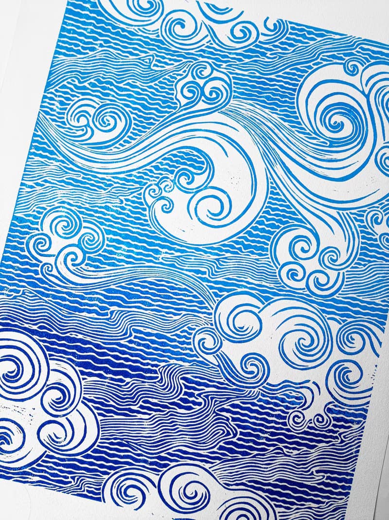 Linocut print Blue japanese clouds art Original artwork Handmade wall art print