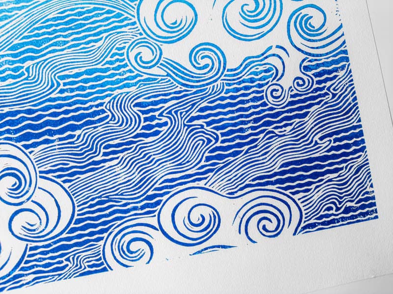 Linocut print Blue japanese clouds art Original artwork Handmade wall art print