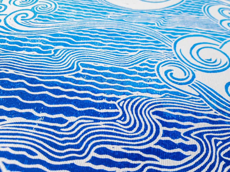 Linocut print Blue japanese clouds art Original artwork Handmade wall art print