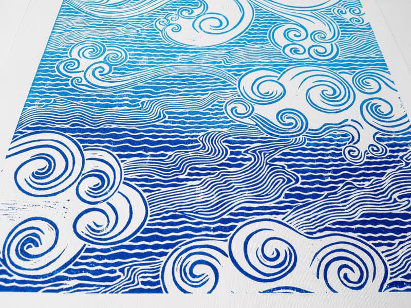 Linocut print Blue japanese clouds art Original artwork Handmade wall art print