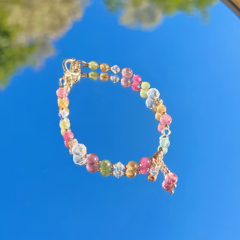 碧璽 草莓晶 白水晶 14K包金 天然水晶 OT扣手鍊