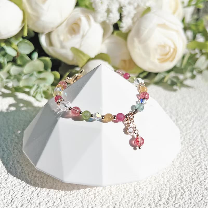 碧璽 草莓晶 白水晶 14K包金 天然水晶 OT扣手鍊