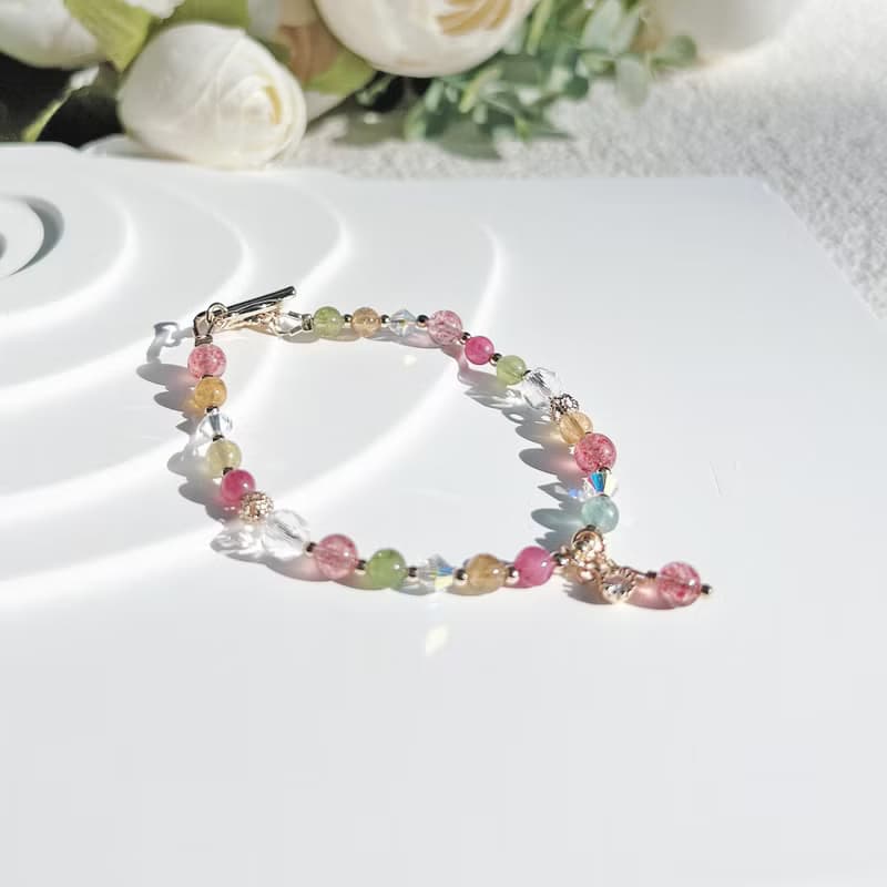 碧璽 草莓晶 白水晶 14K包金 天然水晶 OT扣手鍊