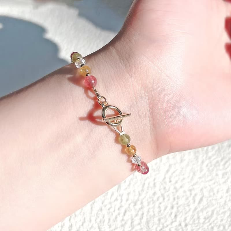 碧璽 草莓晶 白水晶 14K包金 天然水晶 OT扣手鍊