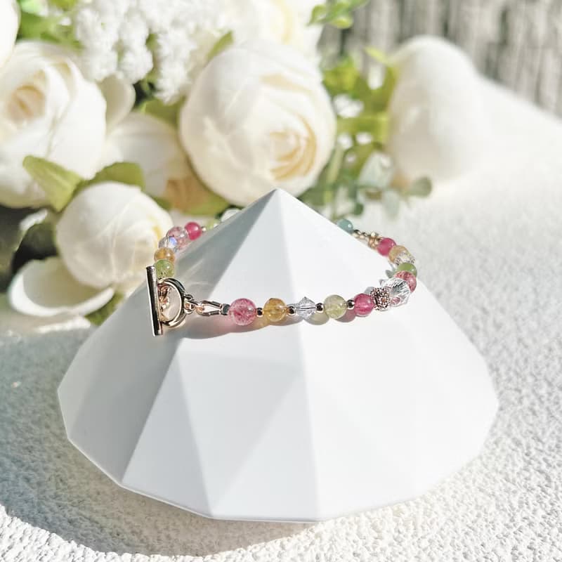 碧璽 草莓晶 白水晶 14K包金 天然水晶 OT扣手鍊