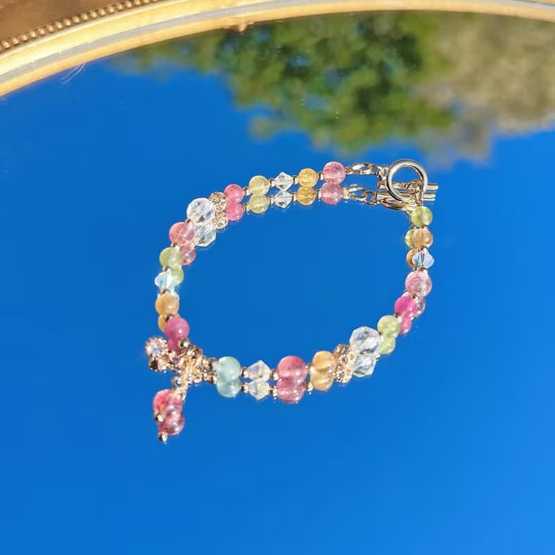 碧璽 草莓晶 白水晶 14K包金 天然水晶 OT扣手鍊