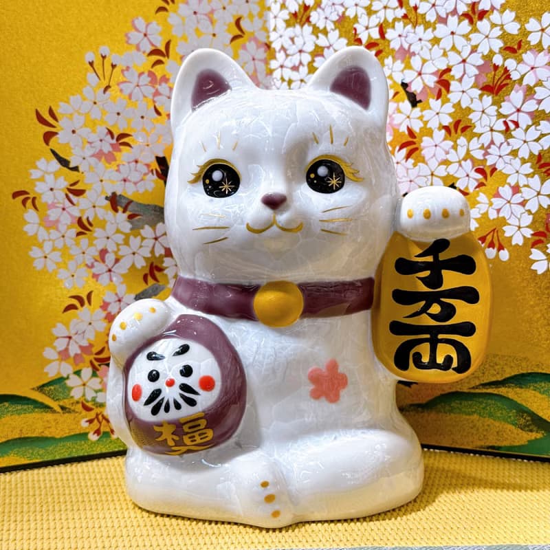 【白晶万両】日本清水燒招財貓 | 達摩花結晶 -  白千万両