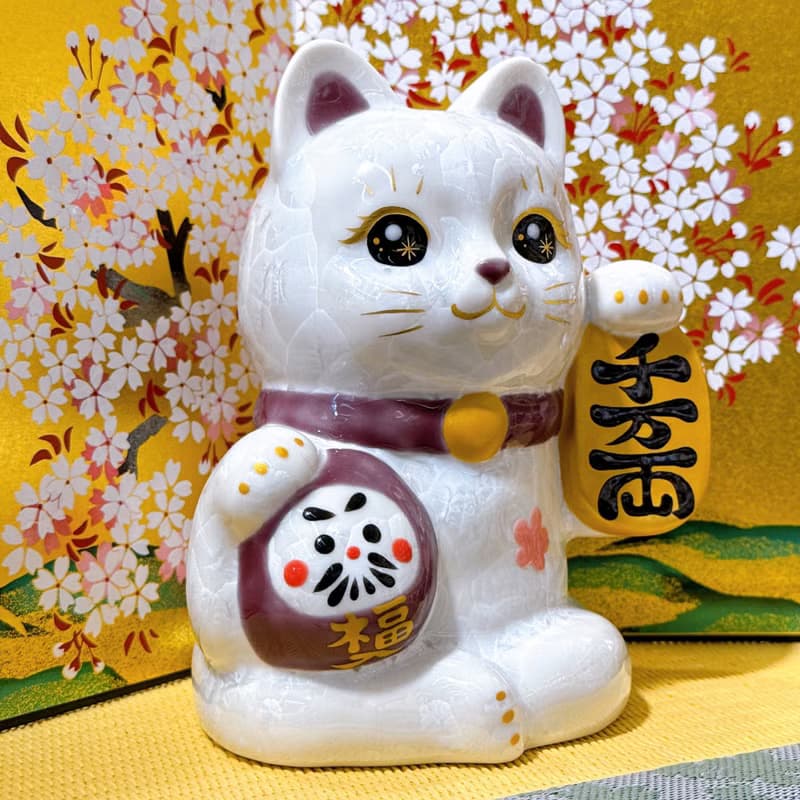 【白晶万両】日本清水燒招財貓 | 達摩花結晶 -  白千万両