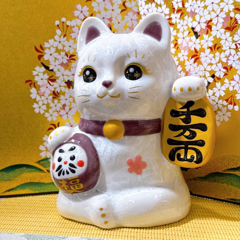 【白晶万両】日本清水燒招財貓 | 達摩花結晶 -  白千万両