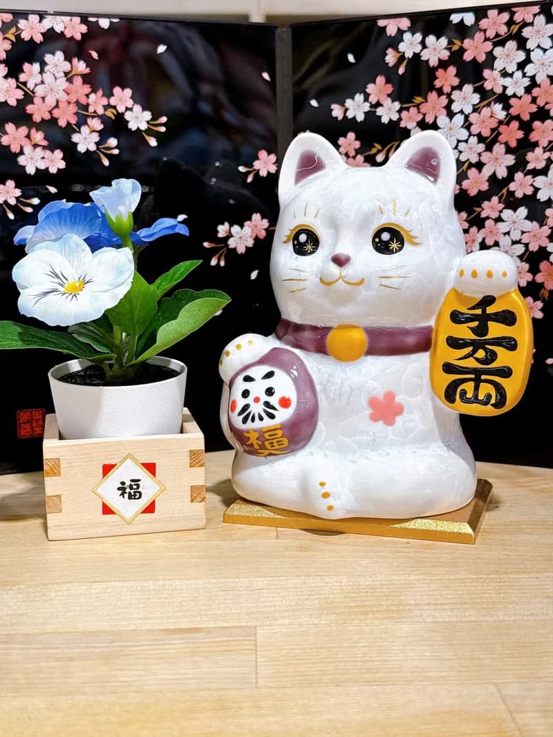【白晶万両】日本清水燒招財貓 | 達摩花結晶 -  白千万両