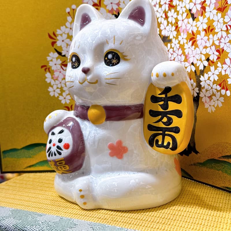 【白晶万両】日本清水燒招財貓 | 達摩花結晶 -  白千万両