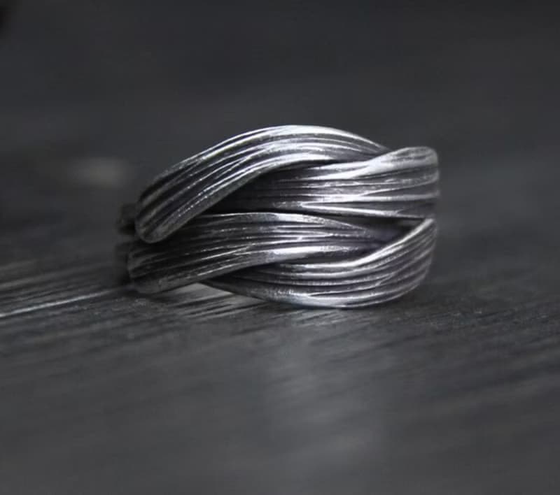 Real S999 Silver Handmade Brushed Weave Finger Rings for Women Thai Silver Black