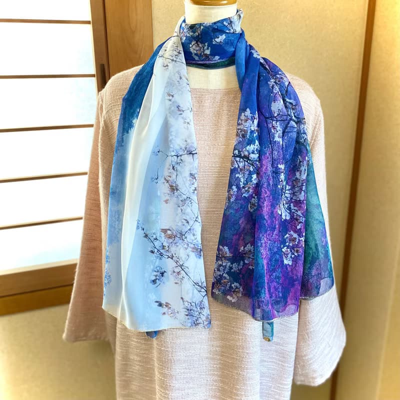 大判シフォンスカーフ 写真家 水野克比古作品 京都  高雄 桜  Ballett Kyoto ソフトなシフォン生地使用 日本製